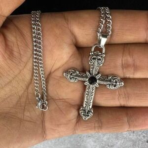 Silver stainless steel cross pendant necklace 23" Chain gothic grungeY2K Vintage